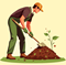 A person in work clothes and a cap is using a shovel to dig soil around a small plant with leaves and flowers.