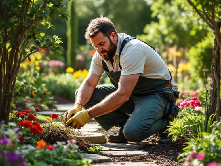 A man in overalls and gloves is kneeling on a garden path, tending to vibrant flowers and greenery on a sunny day.